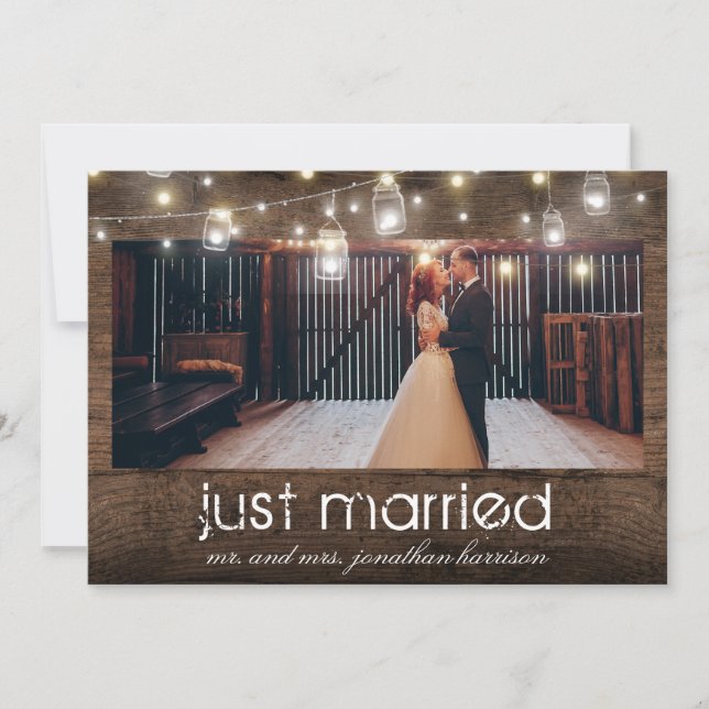 Mason Jars Lights Photo Just Married Reception Announcement (Front)