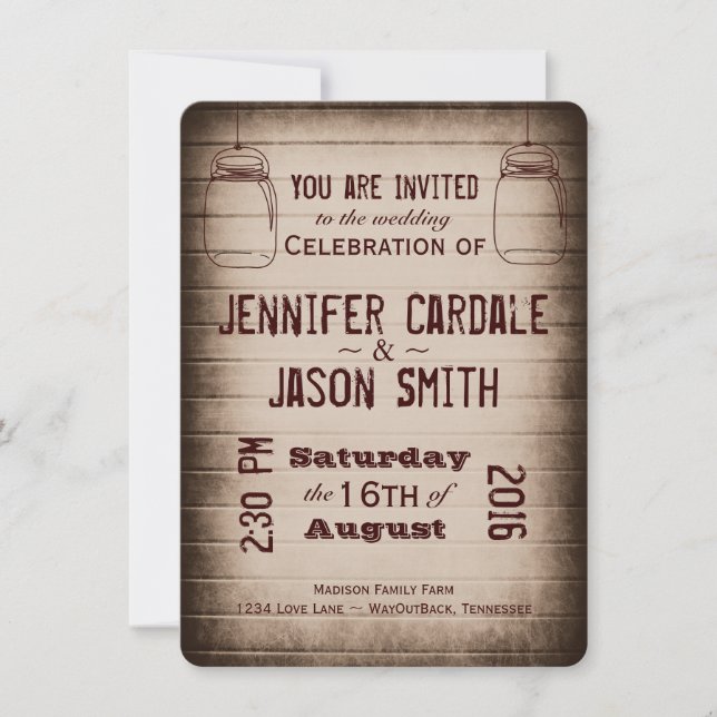 Mason Jars Rustic Country Wood Wedding Invitations (Front)