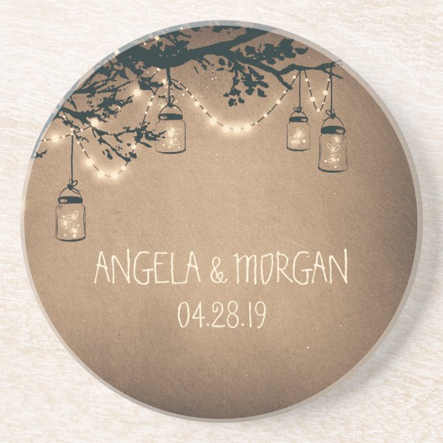 Mason Jars Rustic Fireflies Wedding Coaster (Front)