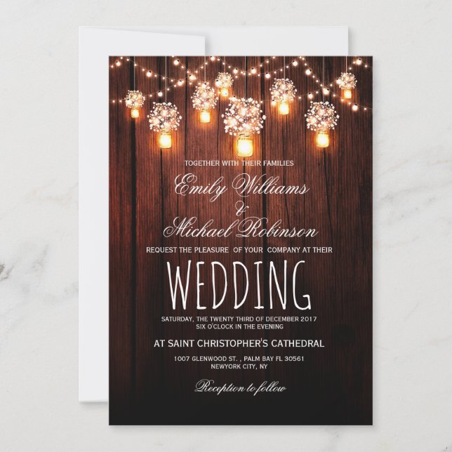 Mason Jars String Lights Elegant Rustic Wedding Invitation (Front)