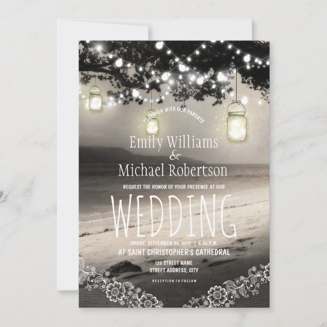 Mason Jars String Lights Elegant Rustic Wedding Invitation (Front)