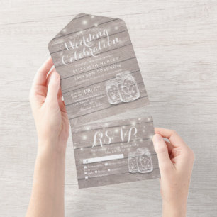 Mason Jars String Lights Rustic Wood Wedding RSVP  All In One Invitation