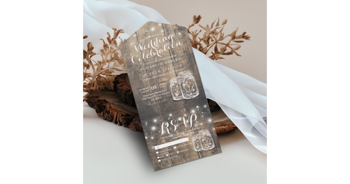 Mason Jars String Lights Rustic Wood Wedding RSVP All In One Invitation ...