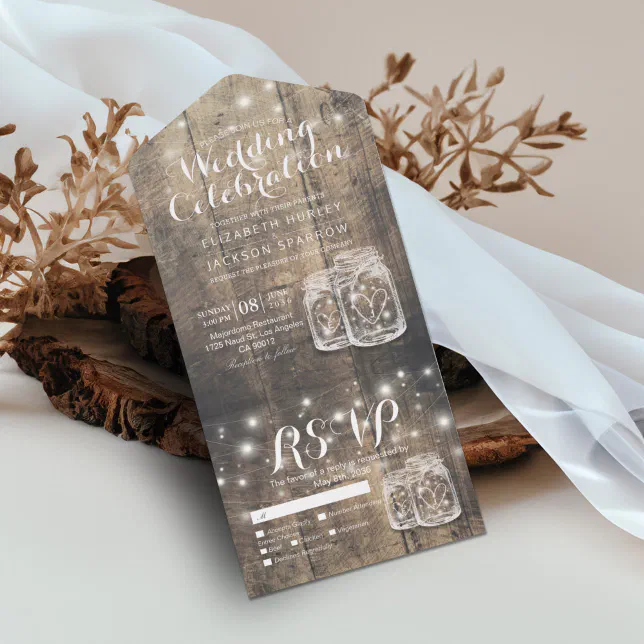 Mason Jars String Lights Rustic Wood Wedding RSVP All In One Invitation ...
