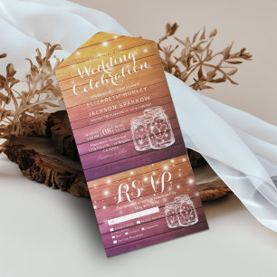 Mason Jars String Lights Rustic Wood Wedding RSVP  All In One Invitation