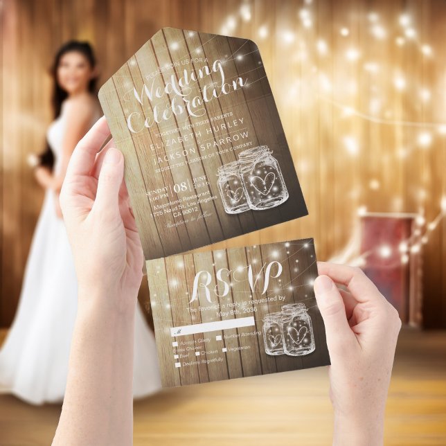 Mason Jars String Lights Rustic Wood Wedding RSVP  All In One Invitation (Creator Uploaded)