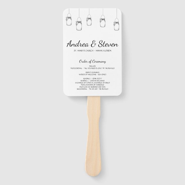 Mason Jars Wedding Program Fan. Suspended Jar Menu Hand Fan (Front)
