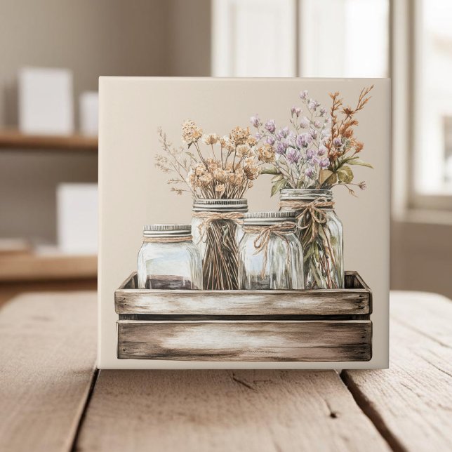 Mason jars, wildflowers in wooden crate farmhouse tile (Creator Uploaded)