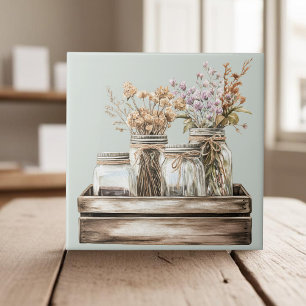 Mason jars, wildflowers in wooden crate farmhouse tile