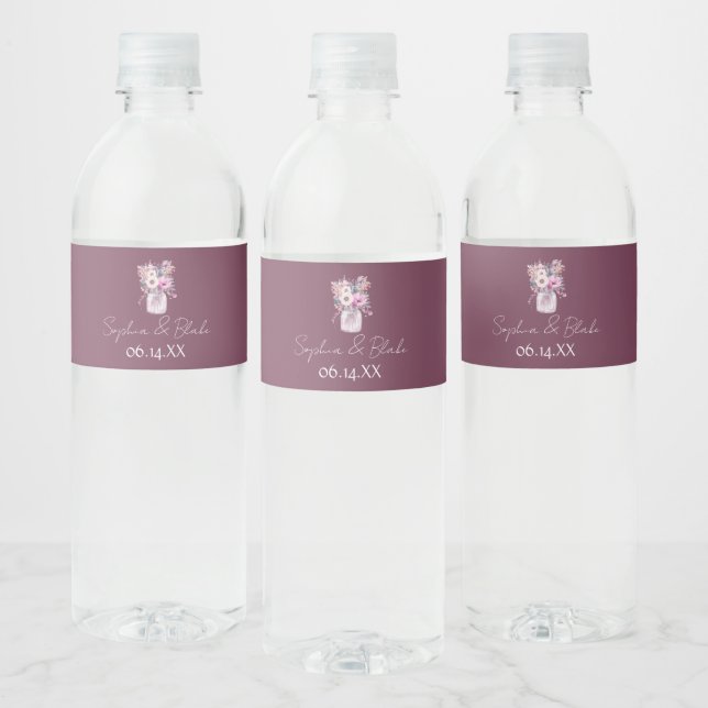 Mason Jars with Flowers Burgundy Water Bottle Label (Bottles)
