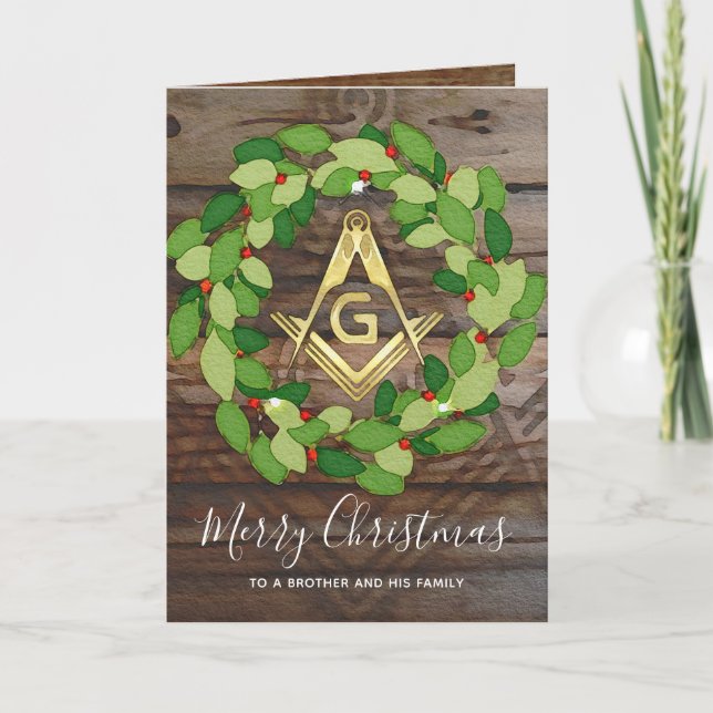 Masonic Christmas Cards | Rustic Wood Gold (Front)