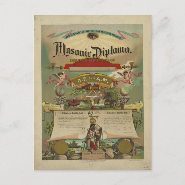 Masonic Diploma Freemason Freemasonry 1891 Postcard (Front)