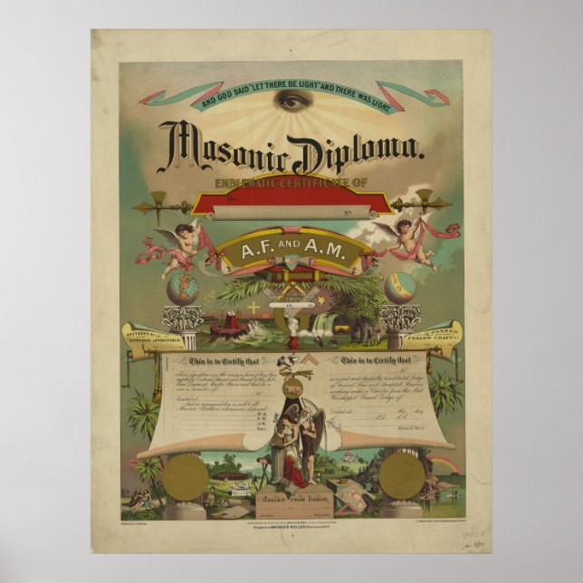 Masonic Diploma Freemason Freemasonry 1891 Poster (Front)