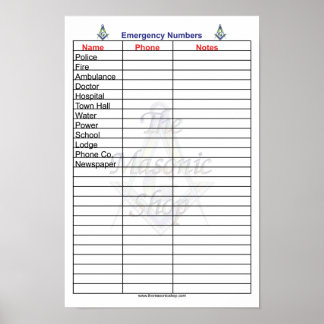 Masonic Emergency Phone Numbers Poster