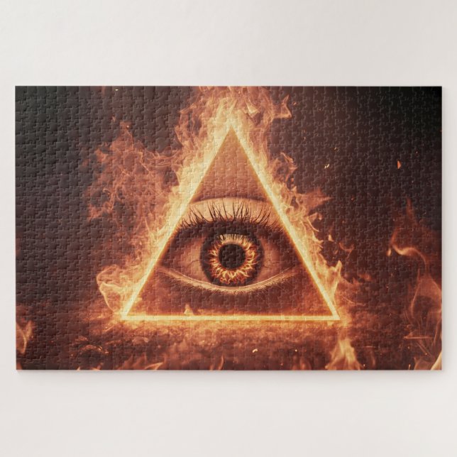 masonic eye pyramid illuminati in fire symbol  jigsaw puzzle (Horizontal)