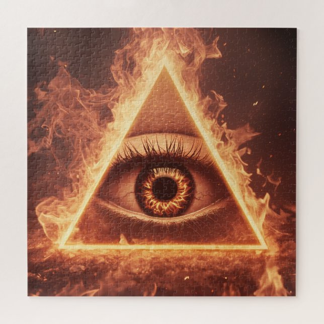 masonic eye pyramid illuminati in fire symbol  jigsaw puzzle (Horizontal)