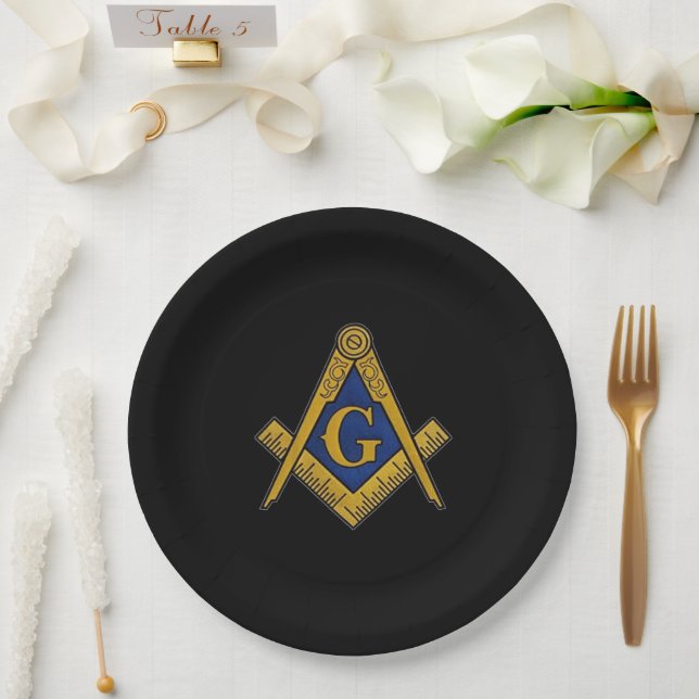 Masonic Freemason Square and Compass Blue  Paper Plate (Wedding)