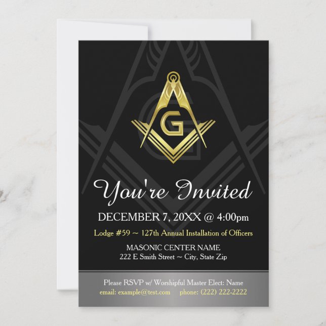 Masonic Invitation Template | Black, Gold & Silver (Front)