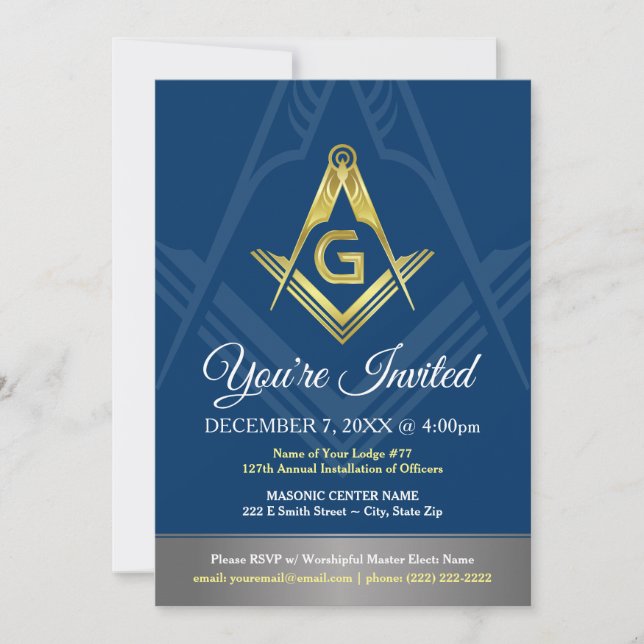 Masonic Invitations | Navy Blue and Gold Freemason (Front)