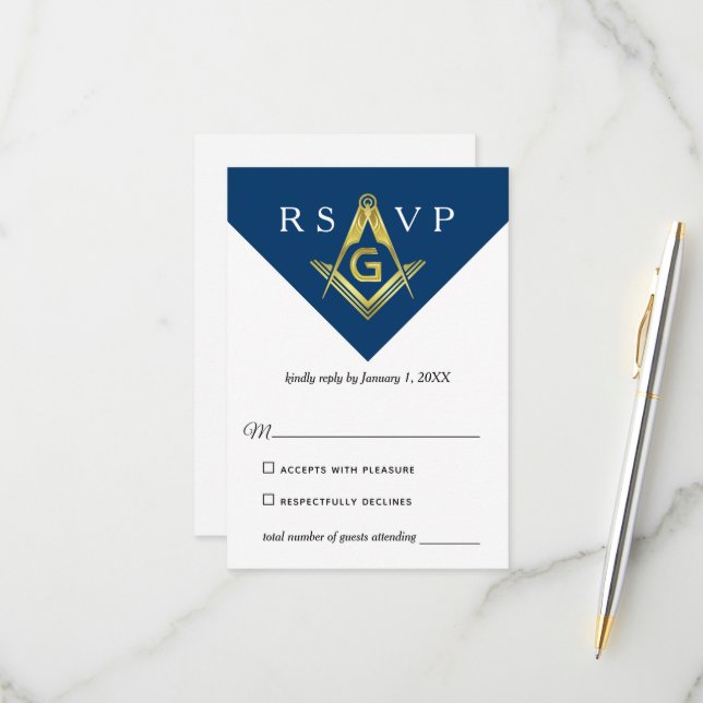 Masonic Navy Blue and Gold Elegant Freemason RSVP Card (Front/Back In Situ)