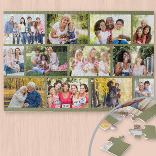 Masonry Grid Family Photo Collage Green Jigsaw Puzzle