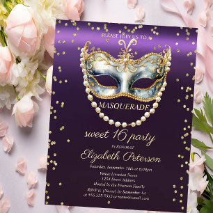 Masqu Pearls Diamonds Purple Sweet 16 Invitation Postcard