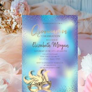 Masque,Confetti Dots Holographic Quinceañera Invitation