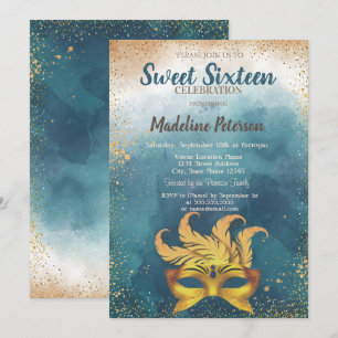 Masque,Confetti Watercolor Splash Sweet 16 Invitation
