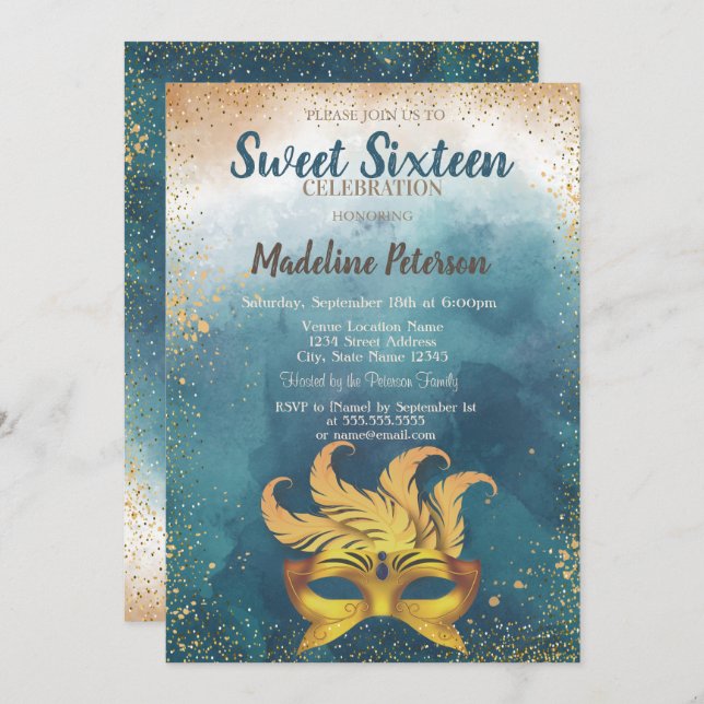 Masque,Confetti Watercolor Splash Sweet 16 Invitation (Front/Back)