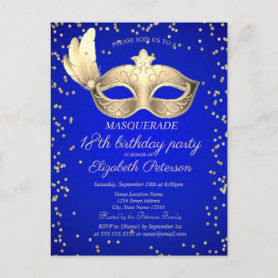  Masque Diamonds  Royal Blue 18th Birthday Invitation Postcard