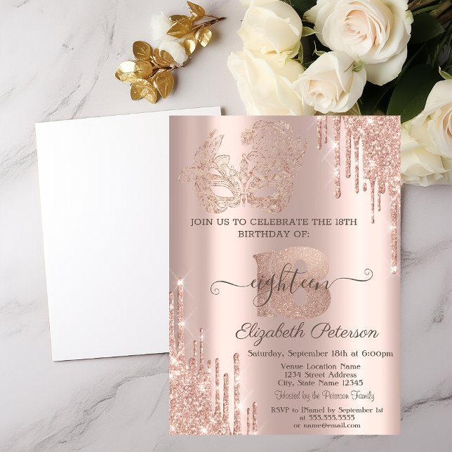 Masque Glitter Drips Rose Gold 18th Birthday  Invitation (Creator Uploaded)
