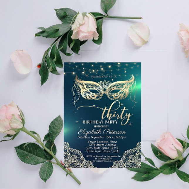Masque, Lace, Diamonds Green 30th Birthday Party  Invitation (Creator Uploaded)