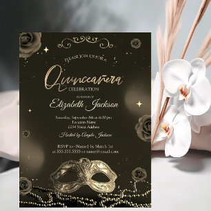 Masque Roses Pearls Grey Quinceanera  Invitation