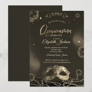 Masque Roses Pearls Grey Quinceanera  Invitation