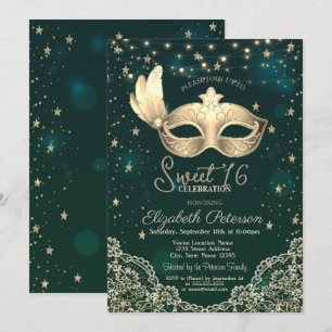 Masque,String Lights,Lace,Stars Green Sweet 16 Invitation