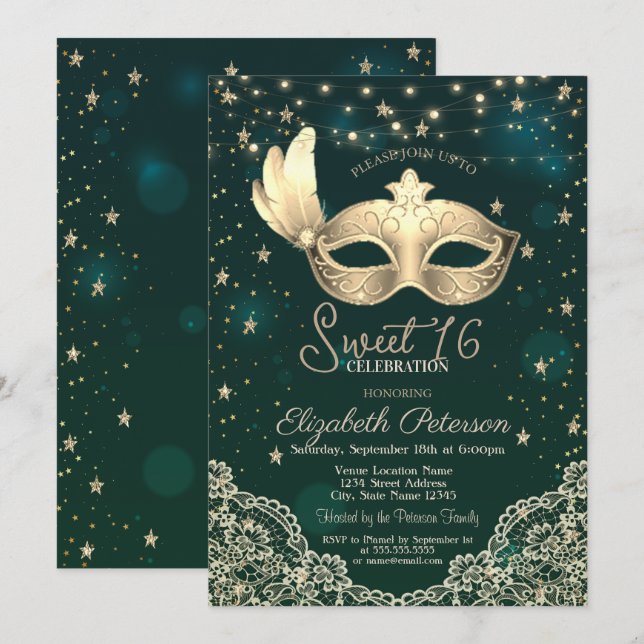 Masque,String Lights,Lace,Stars Green Sweet 16 Invitation (Front/Back)