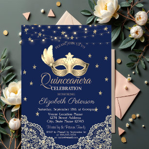 Masque,String Lights,Lace,Stars Quinceañera Invitation