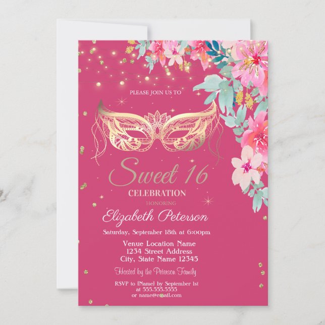 Masquer,Diamonds Spring Flowers Sweet 16 Invitation (Front)