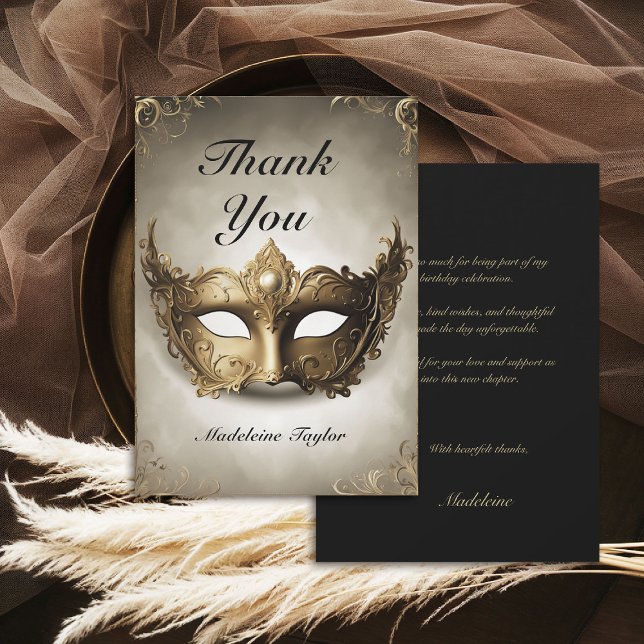 Masquerade Antique Venice Mask Chic 50th Birthday Thank You Card (masquerade birthday party thank you card venetian mask carnival antique elegant classy)