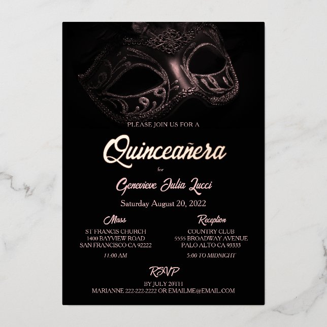 Masquerade Ball Foil Quinceanera Party Invitation (Front)