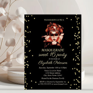 Masquerade Ball Gold Diamonds Sweet 16 Invitation Postcard