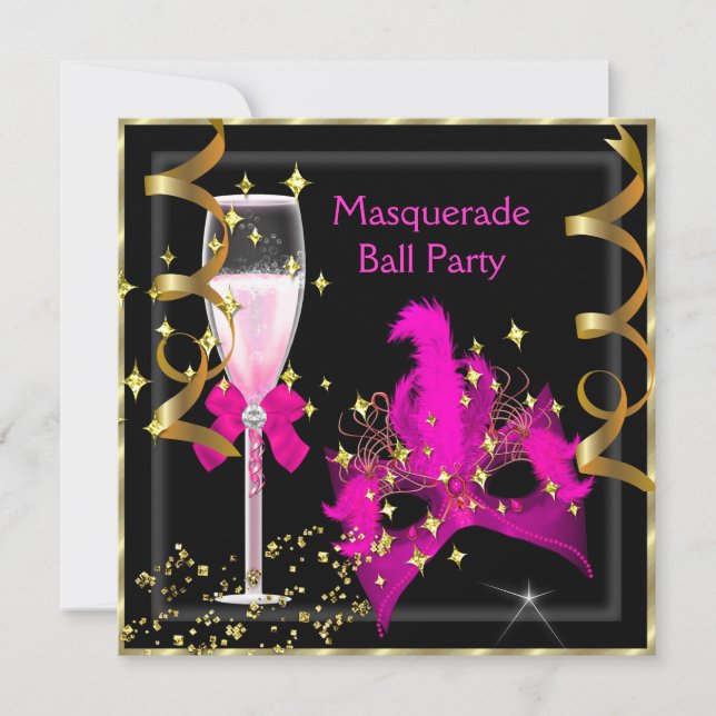 Masquerade Ball Hot-Pink Black Gold Mask Party Invitation (Front)