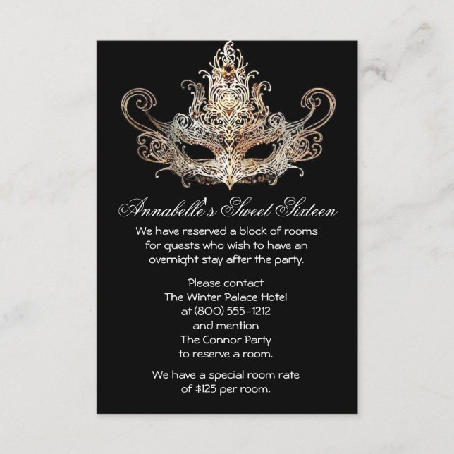 Masquerade Ball Hotel Accommodations Cards (Front)