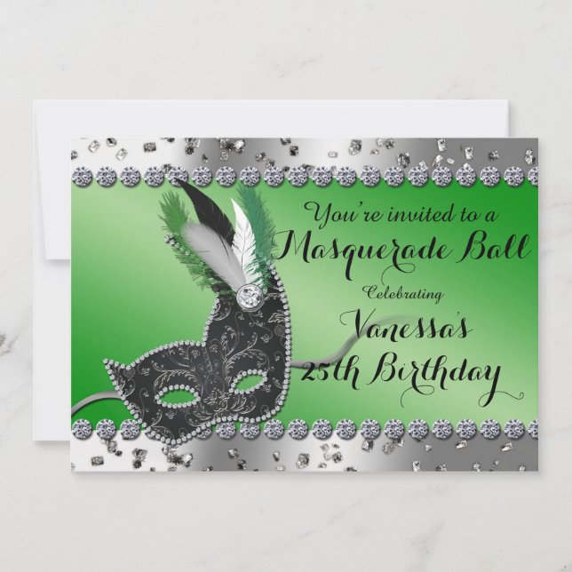Masquerade Ball Mask Green Silver Party Invitation (Front)