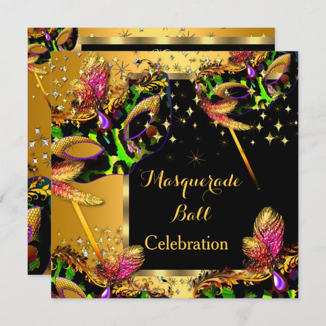 Masquerade Ball Masked Party Gold Celebration Invitation (Front/Back)