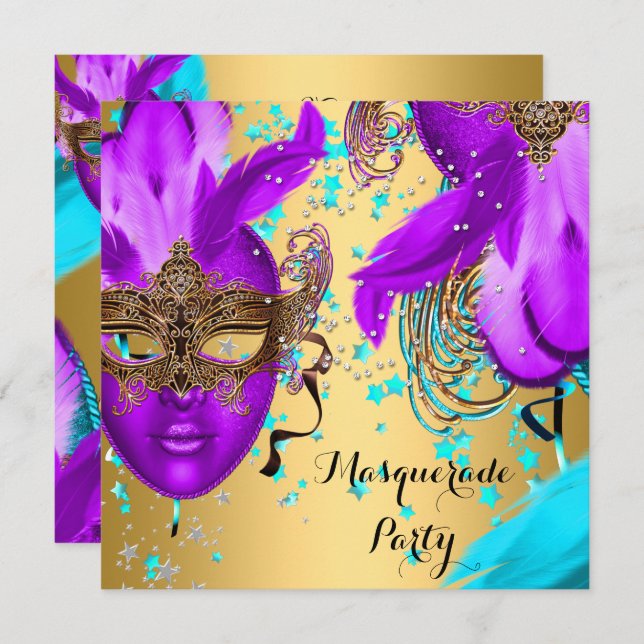 Masquerade Ball Party Purple Teal Blue Masks Gold Invitation (Front/Back)
