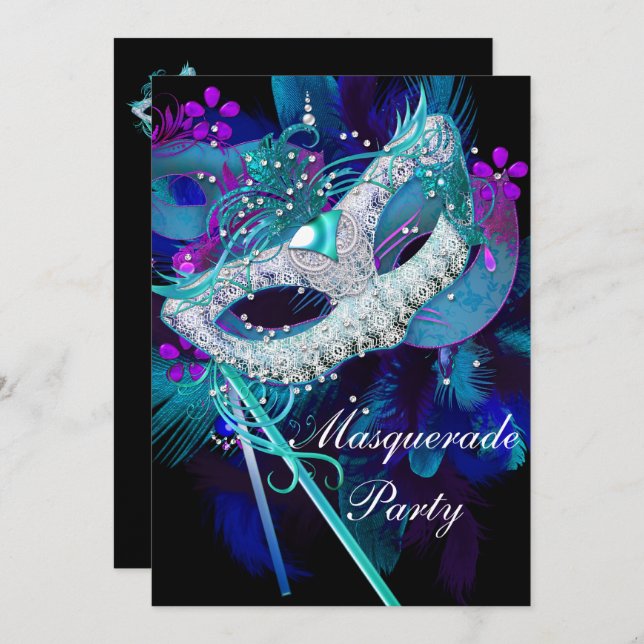 Masquerade Ball Party Teal Blue Black Masks Sml Invitation (Front/Back)