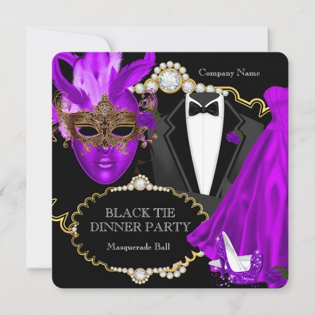 Masquerade Ball Purple Black Tie Dinner Party Invitation (Front)
