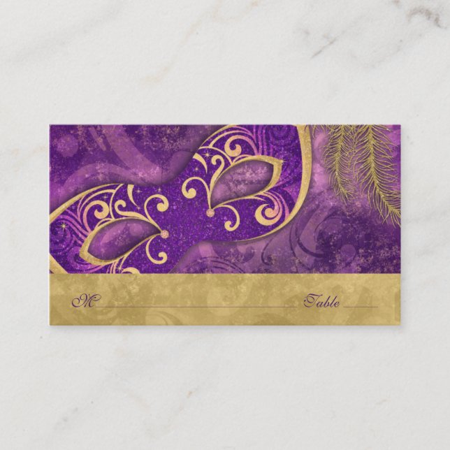 Masquerade Ball Purple Gold Wedding Place Cards (Front)