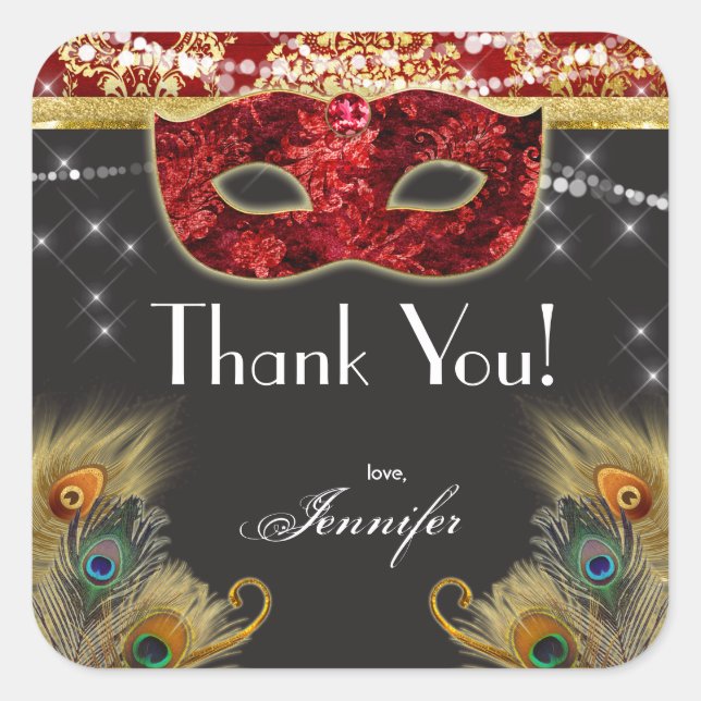 Masquerade Ball Red Gold Peacock Birthday Sticker (Front)